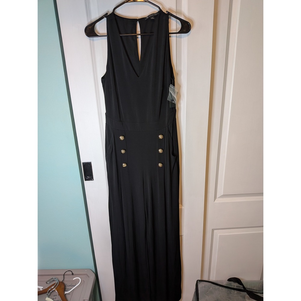 INC International Concepts Black Wide Leg Jumpsuit Gold Button Detail Size M NWT